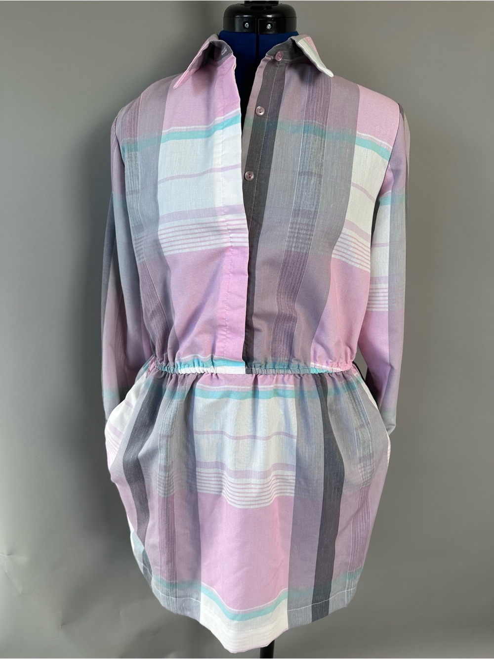 Vintage 80’sPastel Plaid Button-Up Mini Dress in Lavender & Mint with Pockets